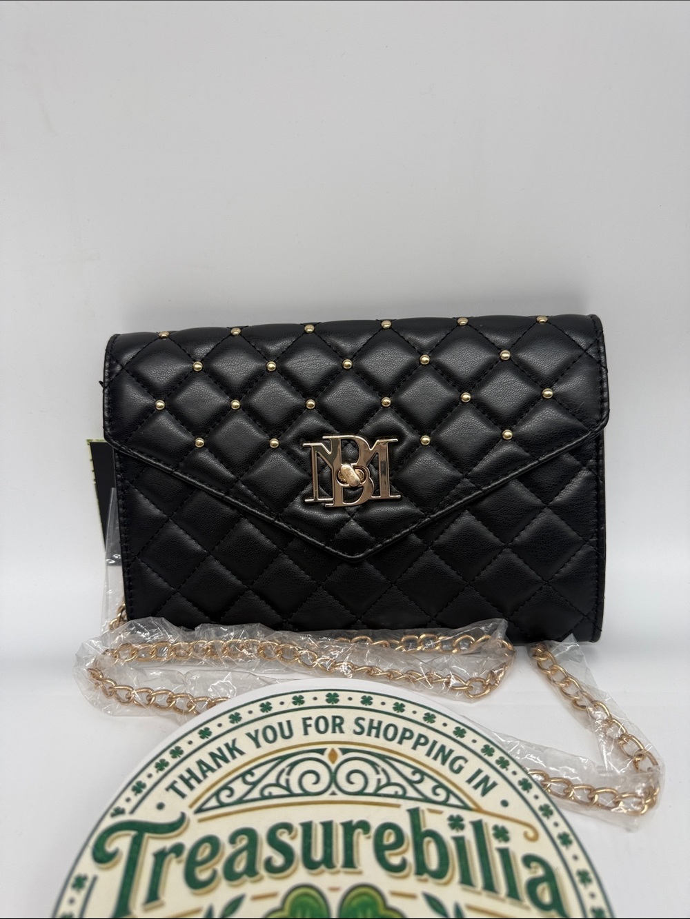 Badgley Mischka Black diamond Quilted Crossbody with Gold Chain & Logo and gold